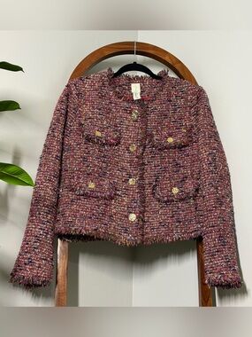 Joie LARGE Red Multicolored Tweed Button Front Blazer Jacket